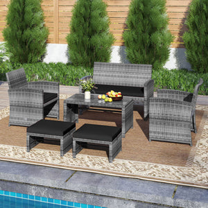6 Pieces Patio Furniture Set Outdoor Sectional Conversation PE Rattan Sofa Set-Black
