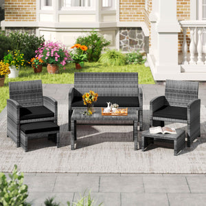 6 Pieces Patio Furniture Set Outdoor Sectional Conversation PE Rattan Sofa Set-Black