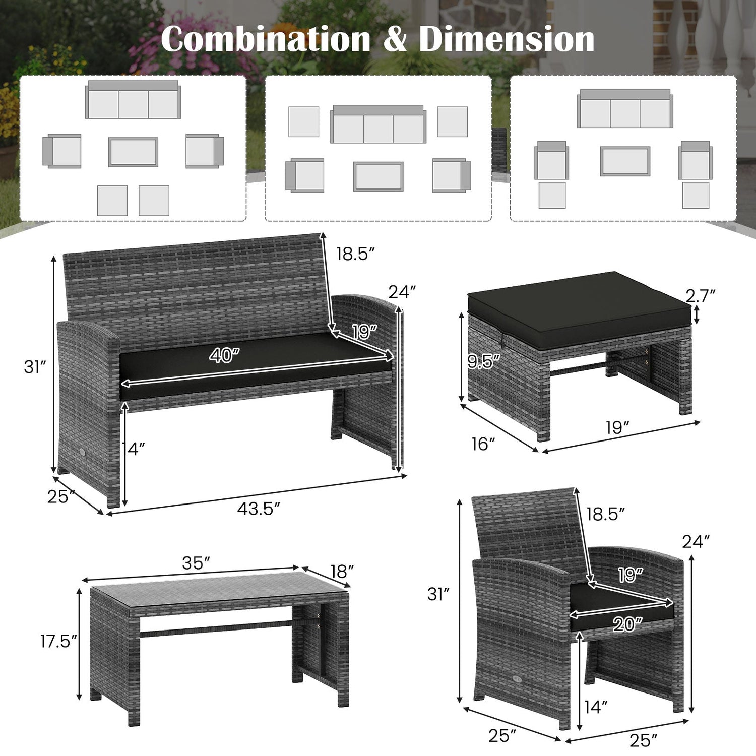 6 Pieces Patio Furniture Set Outdoor Sectional Conversation PE Rattan Sofa Set-Black