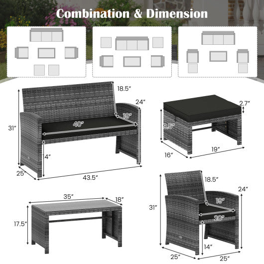 6 Pieces Patio Furniture Set Outdoor Sectional Conversation PE Rattan Sofa Set-Black