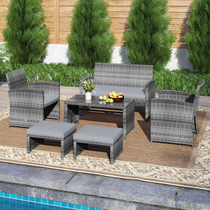 6 Pieces Patio Furniture Set Outdoor Sectional Conversation PE Rattan Sofa Set-Gray