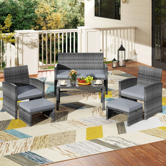 6 Pieces Patio Furniture Set Outdoor Sectional Conversation PE Rattan Sofa Set-Gray