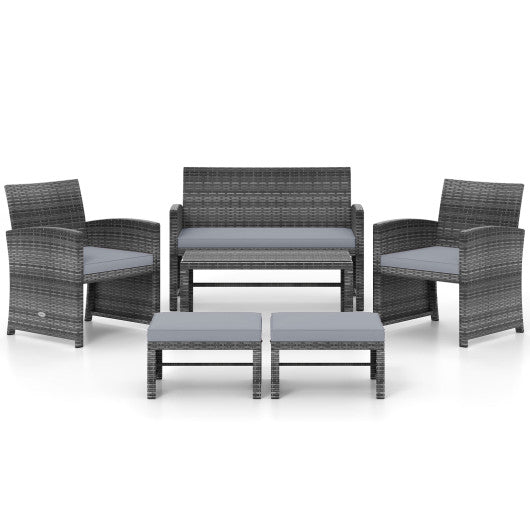 6 Pieces Patio Furniture Set Outdoor Sectional Conversation PE Rattan Sofa Set-Gray