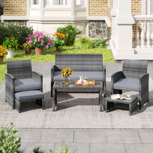 6 Pieces Patio Furniture Set Outdoor Sectional Conversation PE Rattan Sofa Set-Gray