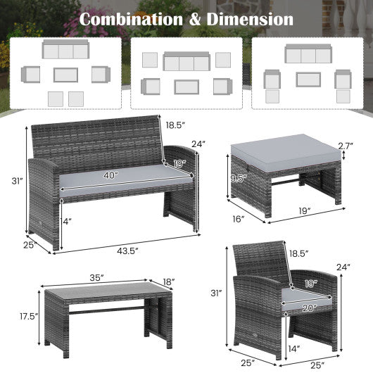 6 Pieces Patio Furniture Set Outdoor Sectional Conversation PE Rattan Sofa Set-Gray