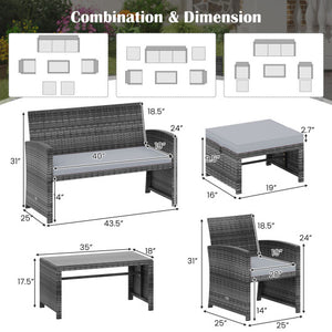 6 Pieces Patio Furniture Set Outdoor Sectional Conversation PE Rattan Sofa Set-Gray