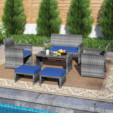6 Pieces Patio Furniture Set Outdoor Sectional Conversation PE Rattan Sofa Set-Navy