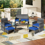 6 Pieces Patio Furniture Set Outdoor Sectional Conversation PE Rattan Sofa Set-Navy