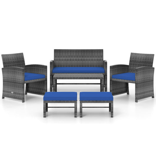 6 Pieces Patio Furniture Set Outdoor Sectional Conversation PE Rattan Sofa Set-Navy