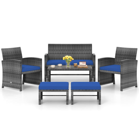 6 Pieces Patio Furniture Set Outdoor Sectional Conversation PE Rattan Sofa Set-Navy