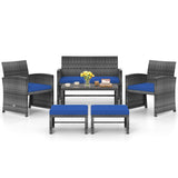 6 Pieces Patio Furniture Set Outdoor Sectional Conversation PE Rattan Sofa Set-Navy