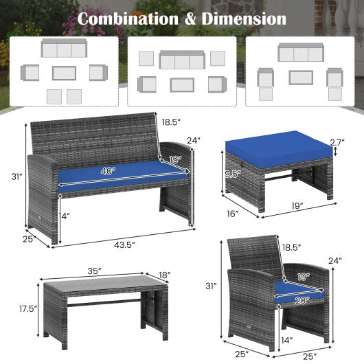 6 Pieces Patio Furniture Set Outdoor Sectional Conversation PE Rattan Sofa Set-Navy