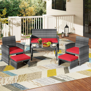 6 Pieces Patio Furniture Set Outdoor Sectional Conversation PE Rattan Sofa Set-Red