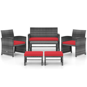 6 Pieces Patio Furniture Set Outdoor Sectional Conversation PE Rattan Sofa Set-Red