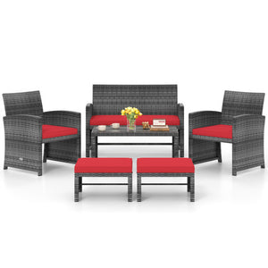 6 Pieces Patio Furniture Set Outdoor Sectional Conversation PE Rattan Sofa Set-Red