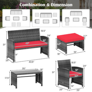 6 Pieces Patio Furniture Set Outdoor Sectional Conversation PE Rattan Sofa Set-Red