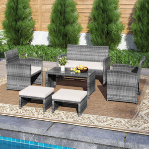 6 Pieces Patio Furniture Set Outdoor Sectional Conversation PE Rattan Sofa Set-White