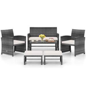 6 Pieces Patio Furniture Set Outdoor Sectional Conversation PE Rattan Sofa Set-White
