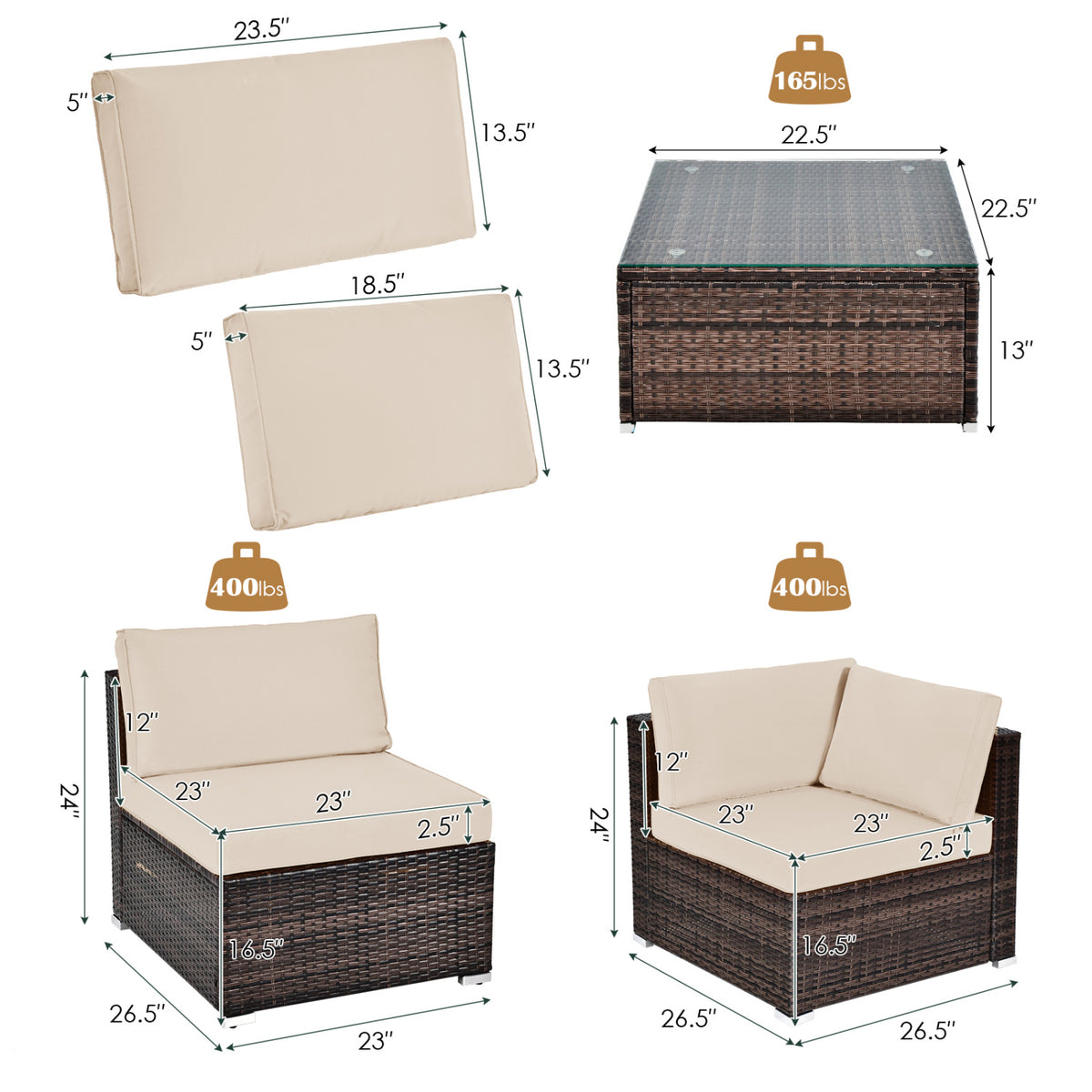 6 Pieces Patio Rattan Furniture Set with Cushions-Brown