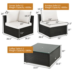 6 Pieces Patio Rattan Furniture Set with Cushions and Glass Coffee Table-White