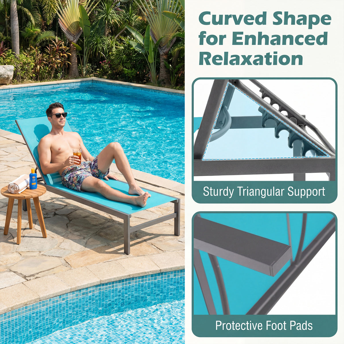 6-Position Chaise Lounge Chairs with Rustproof Aluminium Frame-Turquoise