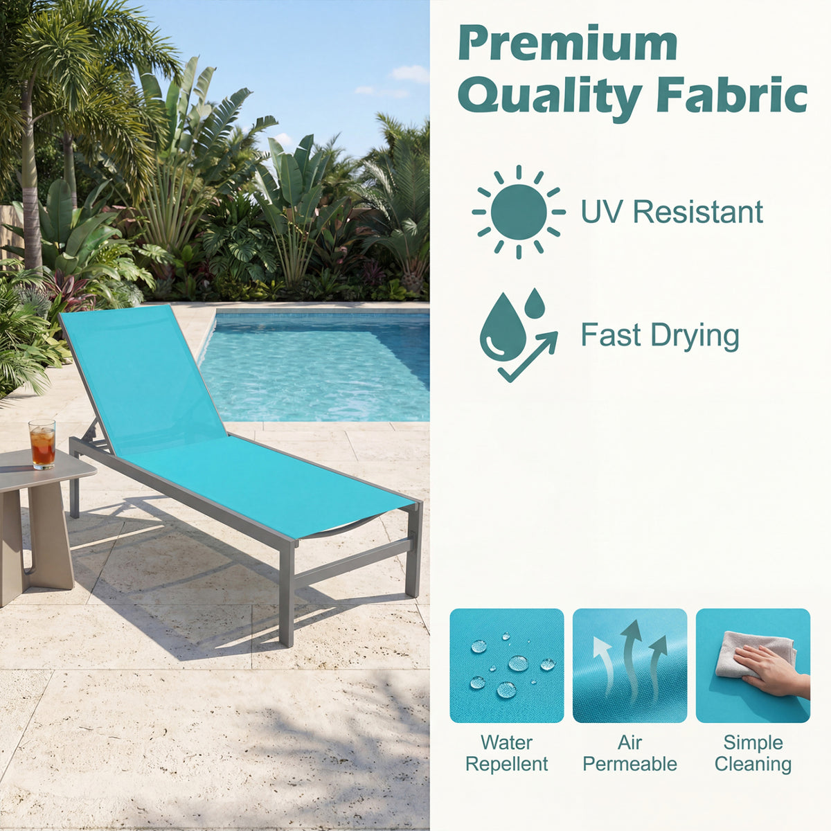 6-Position Chaise Lounge Chairs with Rustproof Aluminium Frame-Turquoise