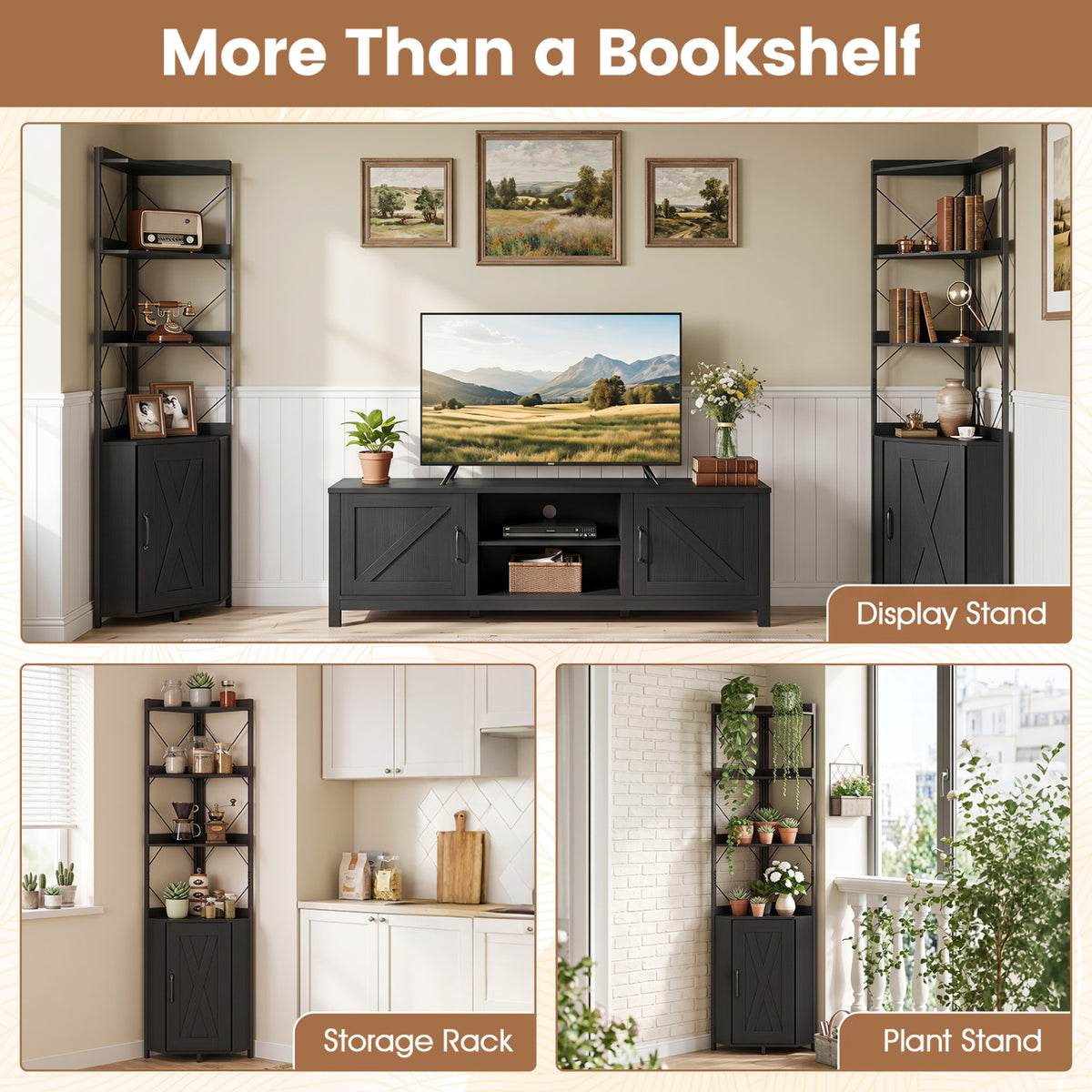 6-Tier 71" Tall Freestanding Bookshelf with Cabinet and Metal Frame-Black