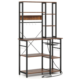 6-Tier Bakers Rack with Power Outlet Stand Wooden Open Shelves-Rusticbrown
