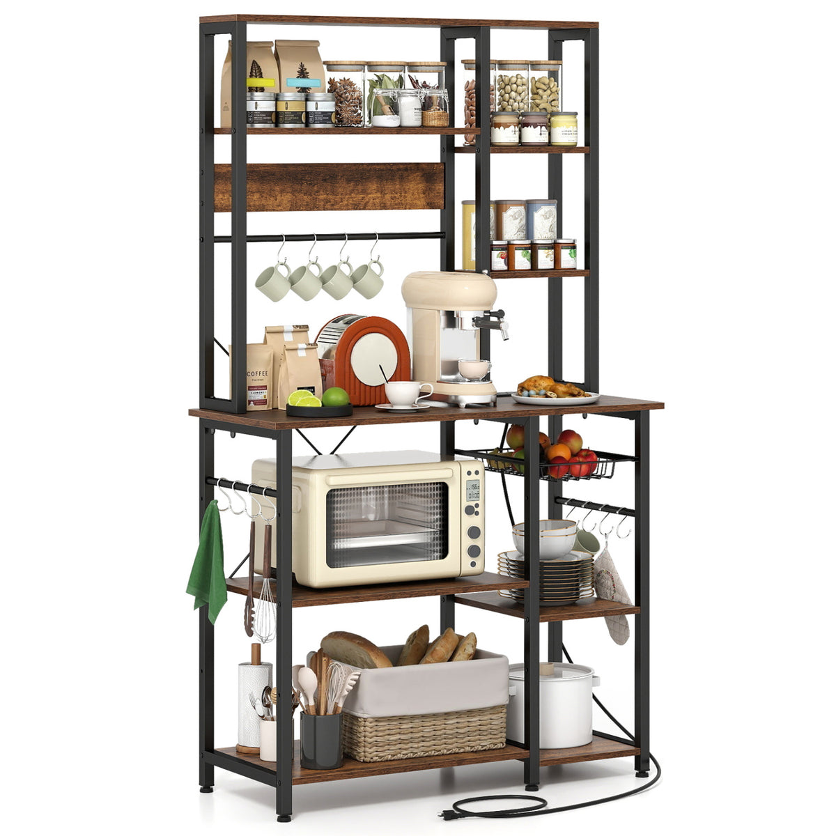 6-Tier Bakers Rack with Power Outlet Stand Wooden Open Shelves-Rusticbrown