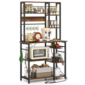 6-Tier Bakers Rack with Power Outlet Stand Wooden Open Shelves-Rusticbrown
