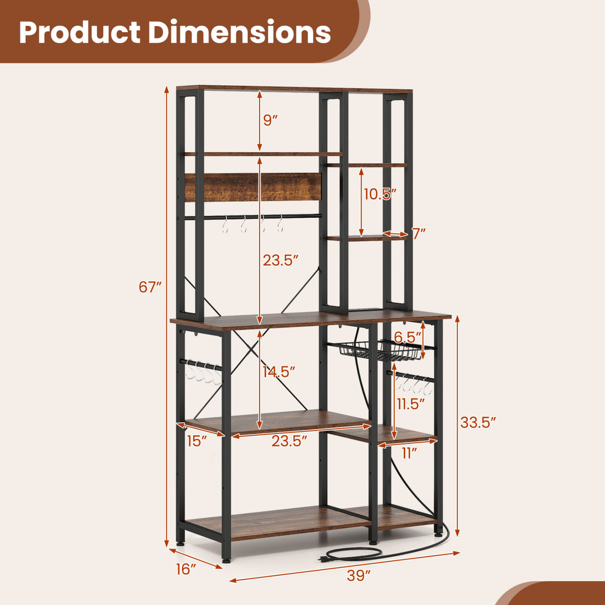 6-Tier Bakers Rack with Power Outlet Stand Wooden Open Shelves-Rusticbrown