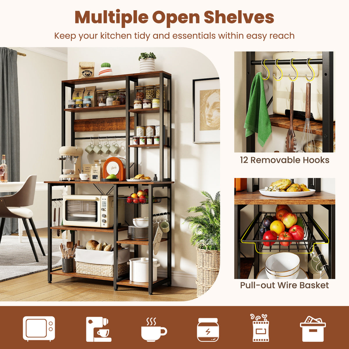 6-Tier Bakers Rack with Power Outlet Stand Wooden Open Shelves-Rusticbrown