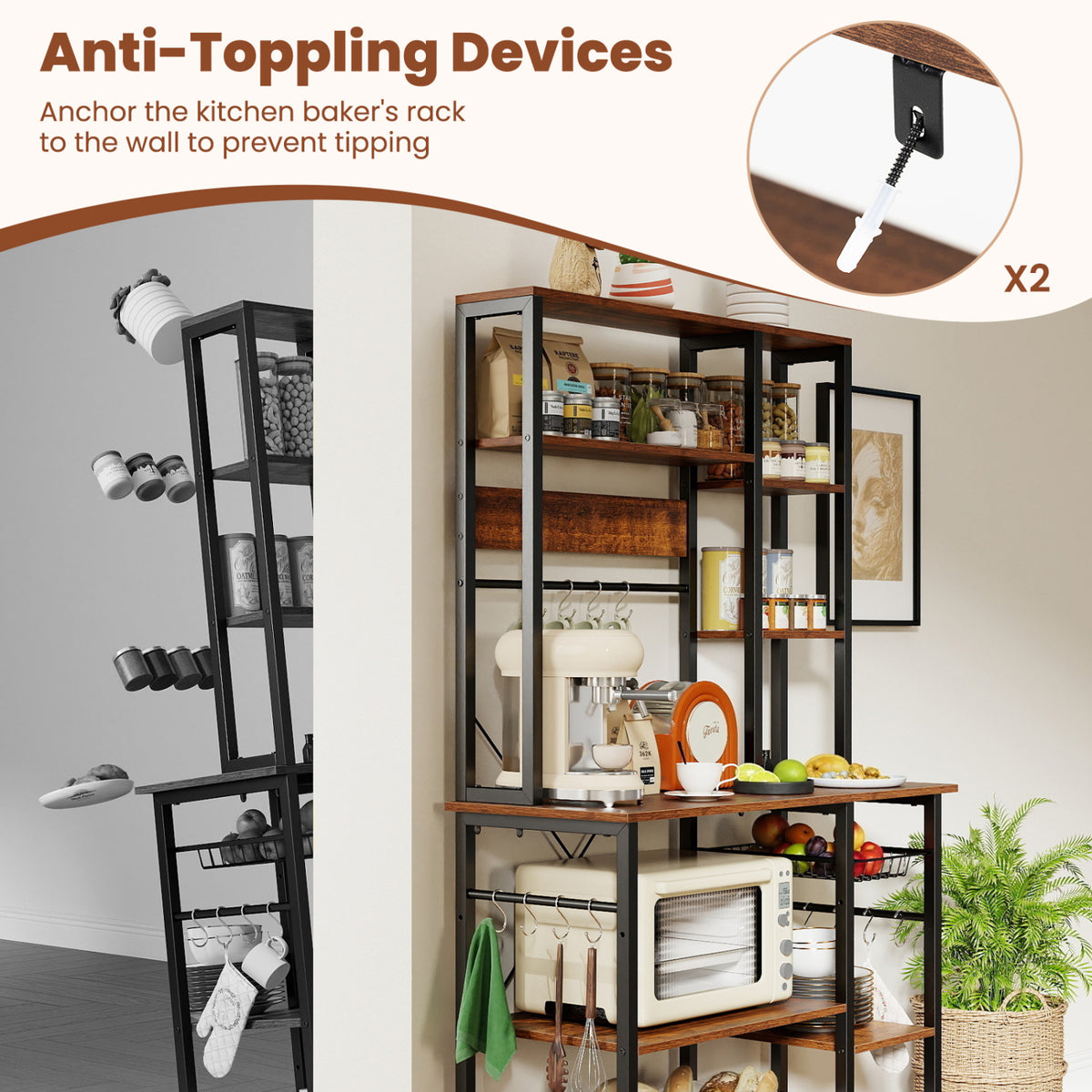 6-Tier Bakers Rack with Power Outlet Stand Wooden Open Shelves-Rusticbrown