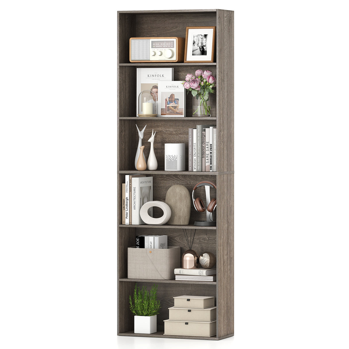 6-Tier Bookcase with 6 Open Shelves and Anti-Toppling Kits-Gray