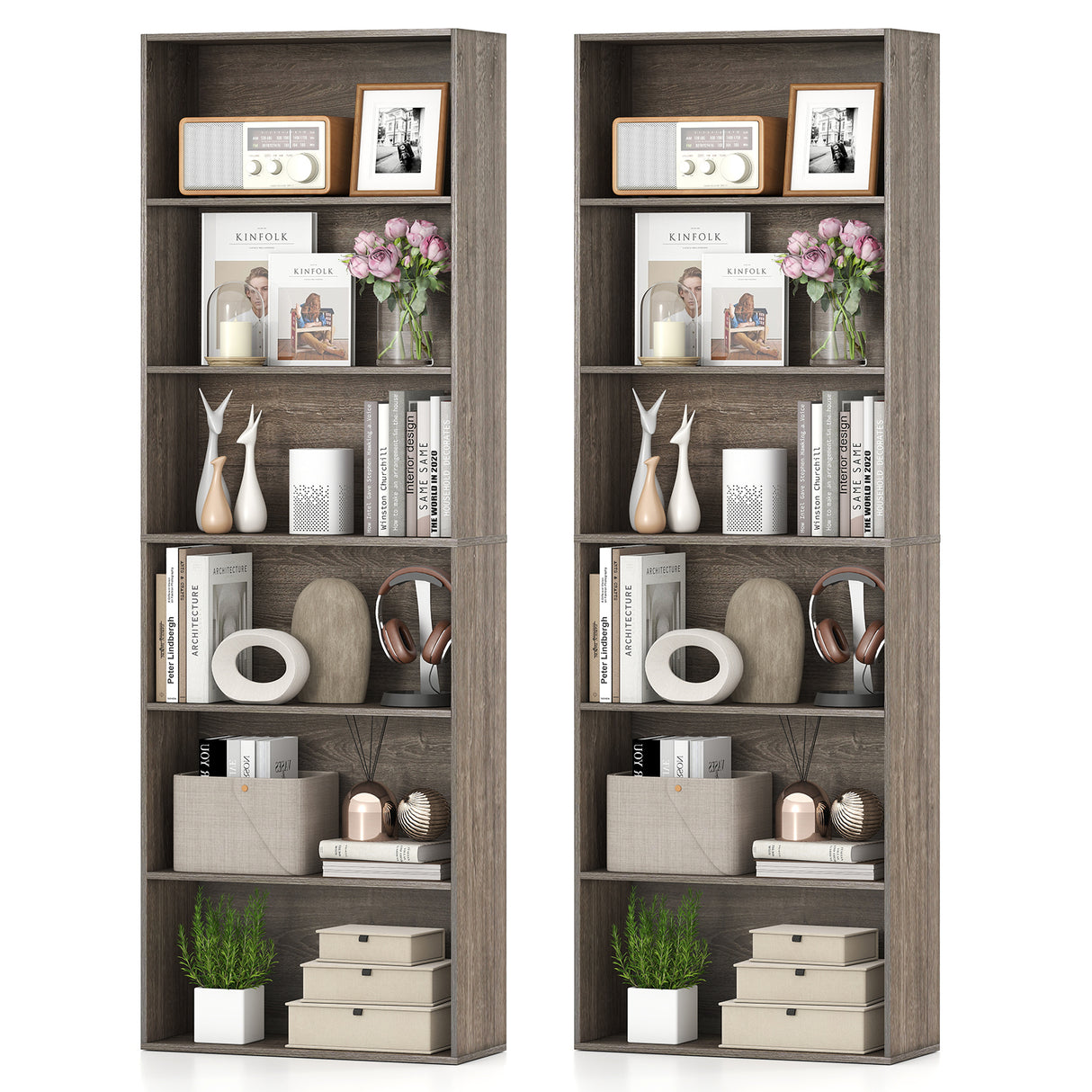 6-Tier Bookcase with 6 Open Shelves and Anti-Toppling Kits-Gray