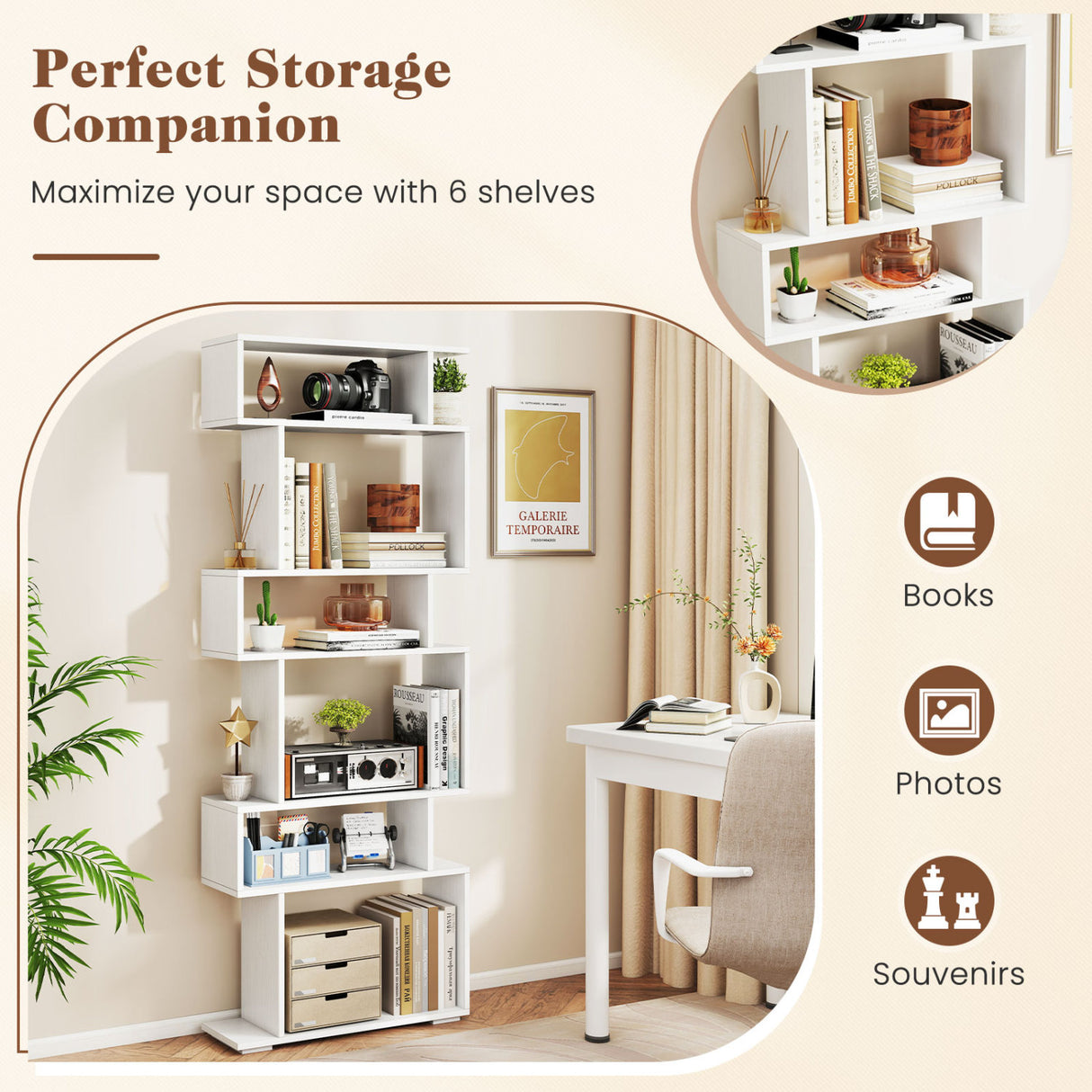 6-Tier Bookcase with Anti-Tipping Kit-White