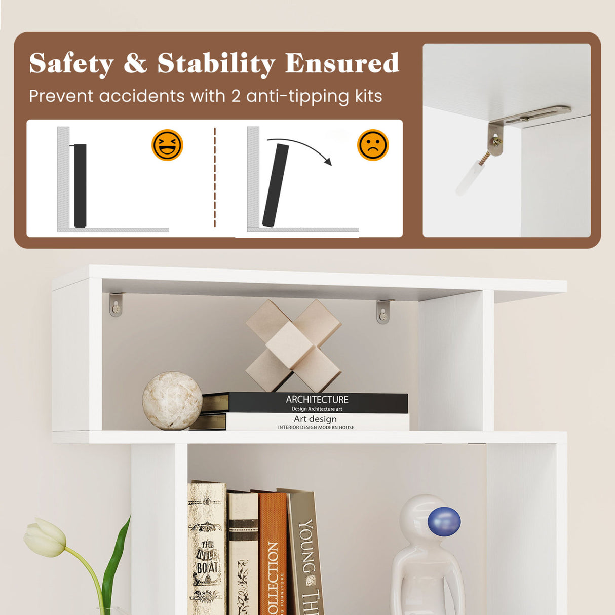 6-Tier Bookcase with Anti-Tipping Kit-White
