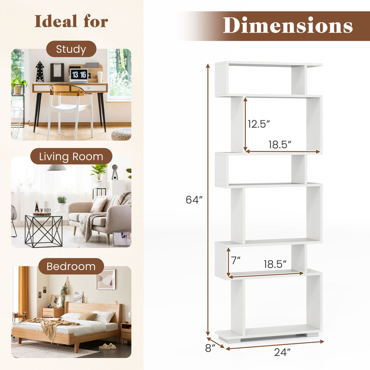 6-Tier Bookcase with Anti-Tipping Kit-White