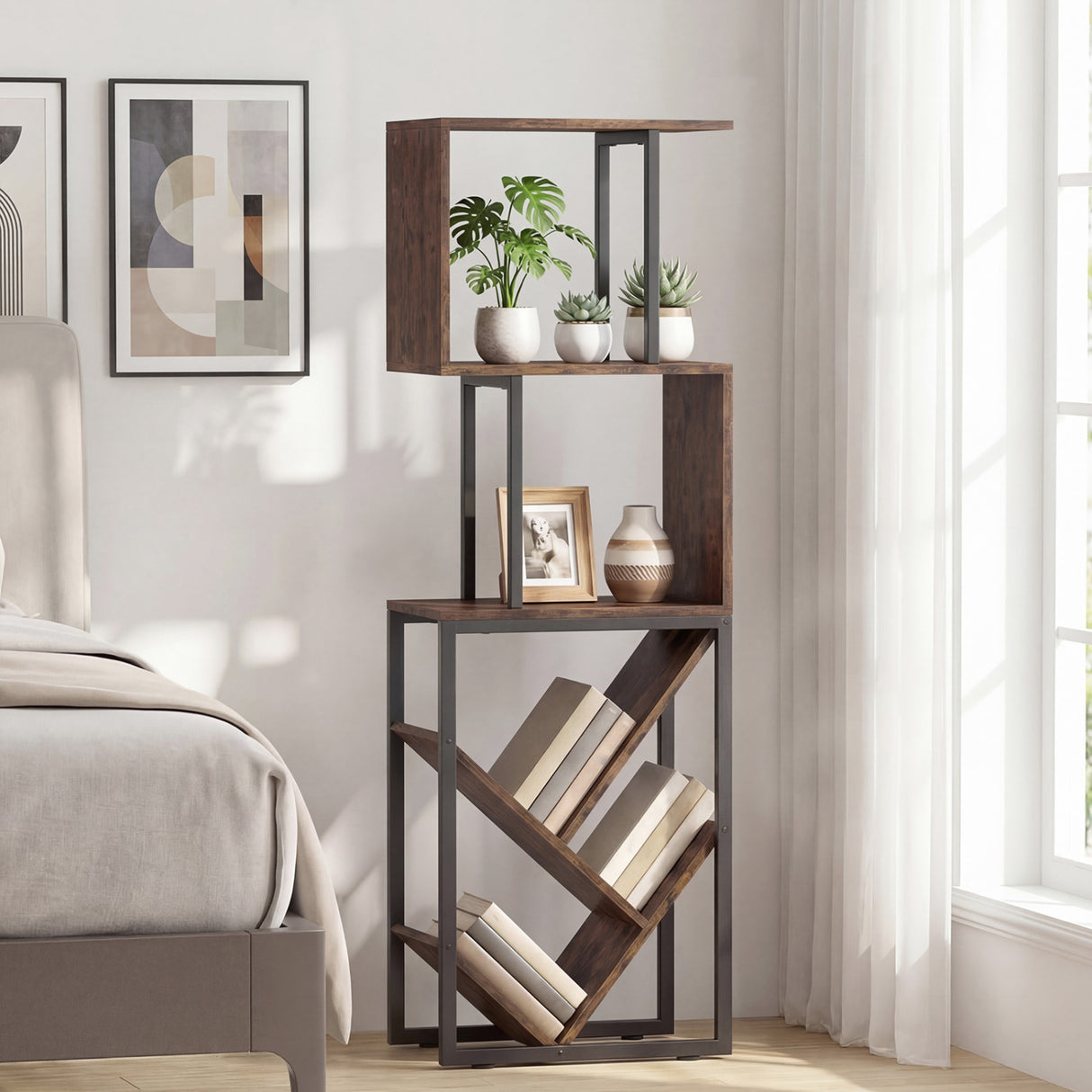 6-Tier Bookshelf Floor Standing Tree S-Shaped Geometric Bookcase with Open Shelves-Brown