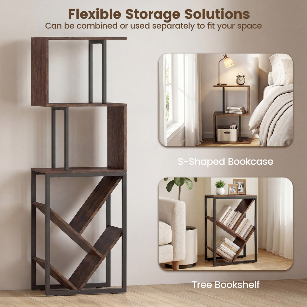 6-Tier Bookshelf Floor Standing Tree S-Shaped Geometric Bookcase with Open Shelves-Brown