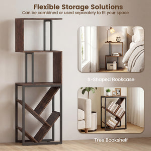 6-Tier Bookshelf Floor Standing Tree S-Shaped Geometric Bookcase with Open Shelves-Brown