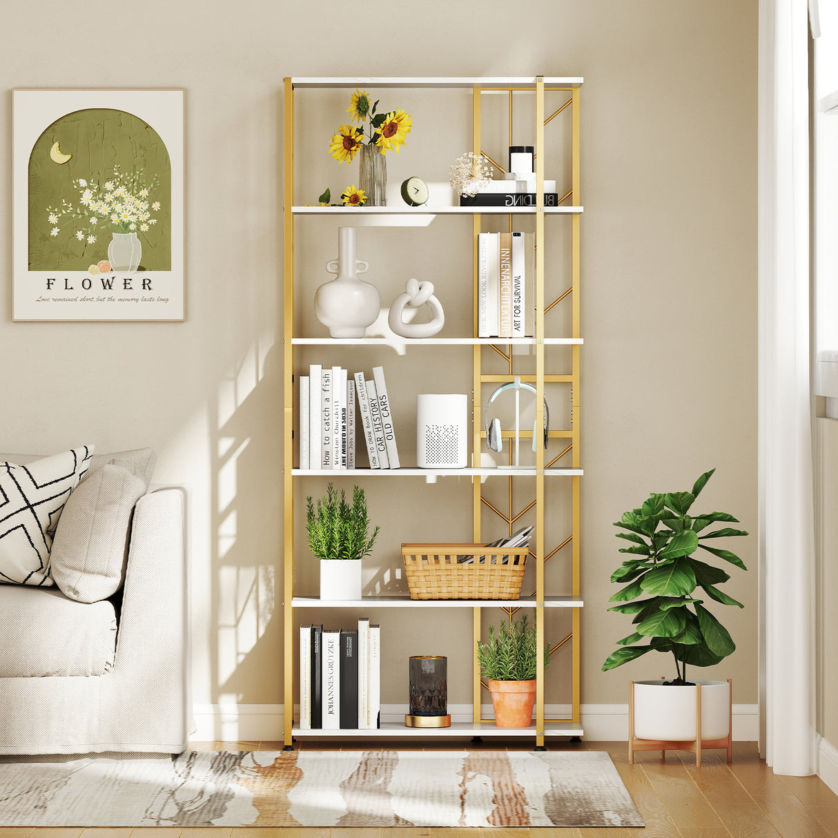 6-Tier Bookshelf Modern Geometric Bookcase with Heavy-duty Metal Frame and Anti-tipping Kits-White