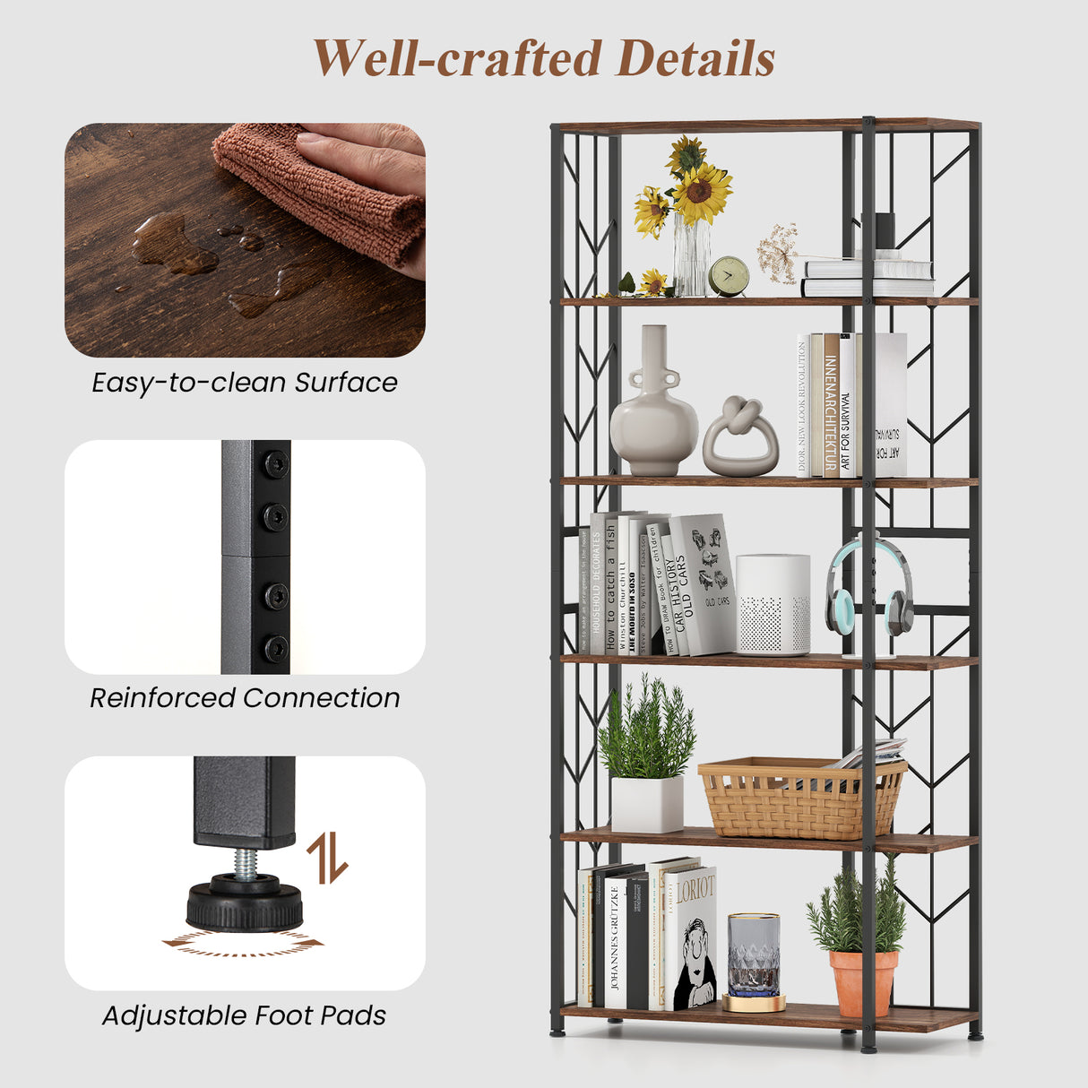6-Tier Bookshelf Modern Geometric Bookcase with Heavy-duty Metal Frame and Anti-tipping Kits-Rustic Brown