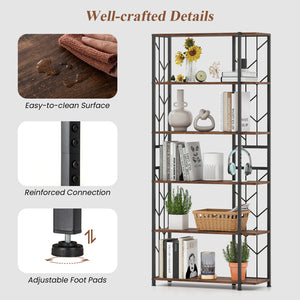 6-Tier Bookshelf Modern Geometric Bookcase with Heavy-duty Metal Frame and Anti-tipping Kits-Rustic Brown