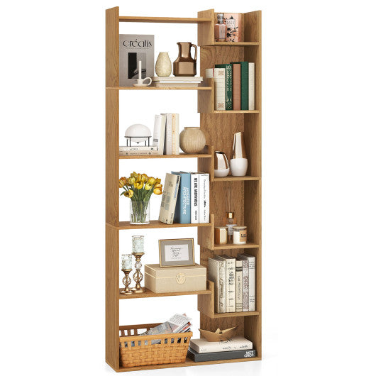6-Tier Bookshelf Wooden Bookcase with 2 Anti-Tipping Kits Open Display Shelf-Natural