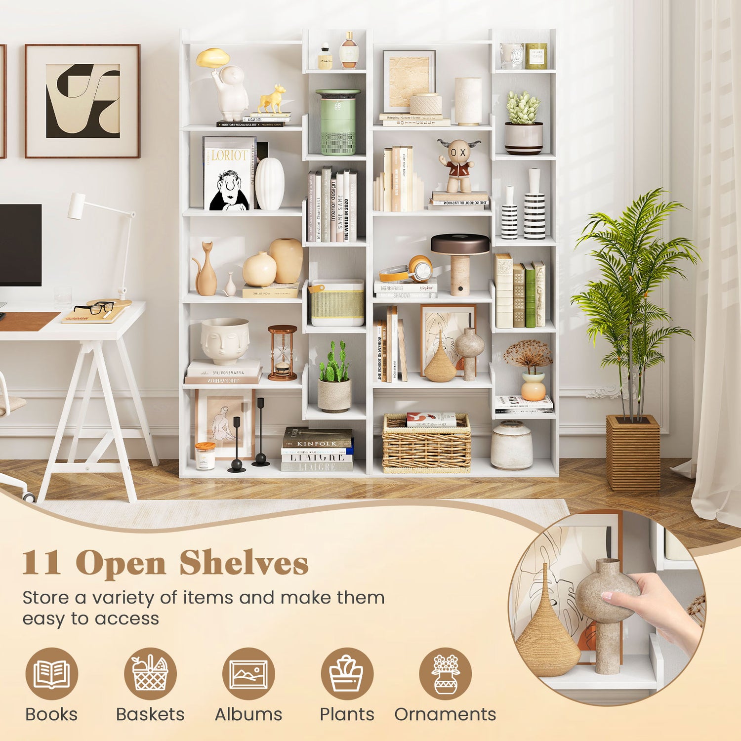 6-Tier Bookshelf Wooden Bookcase with 2 Anti-Tipping Kits Open Display Shelf-White