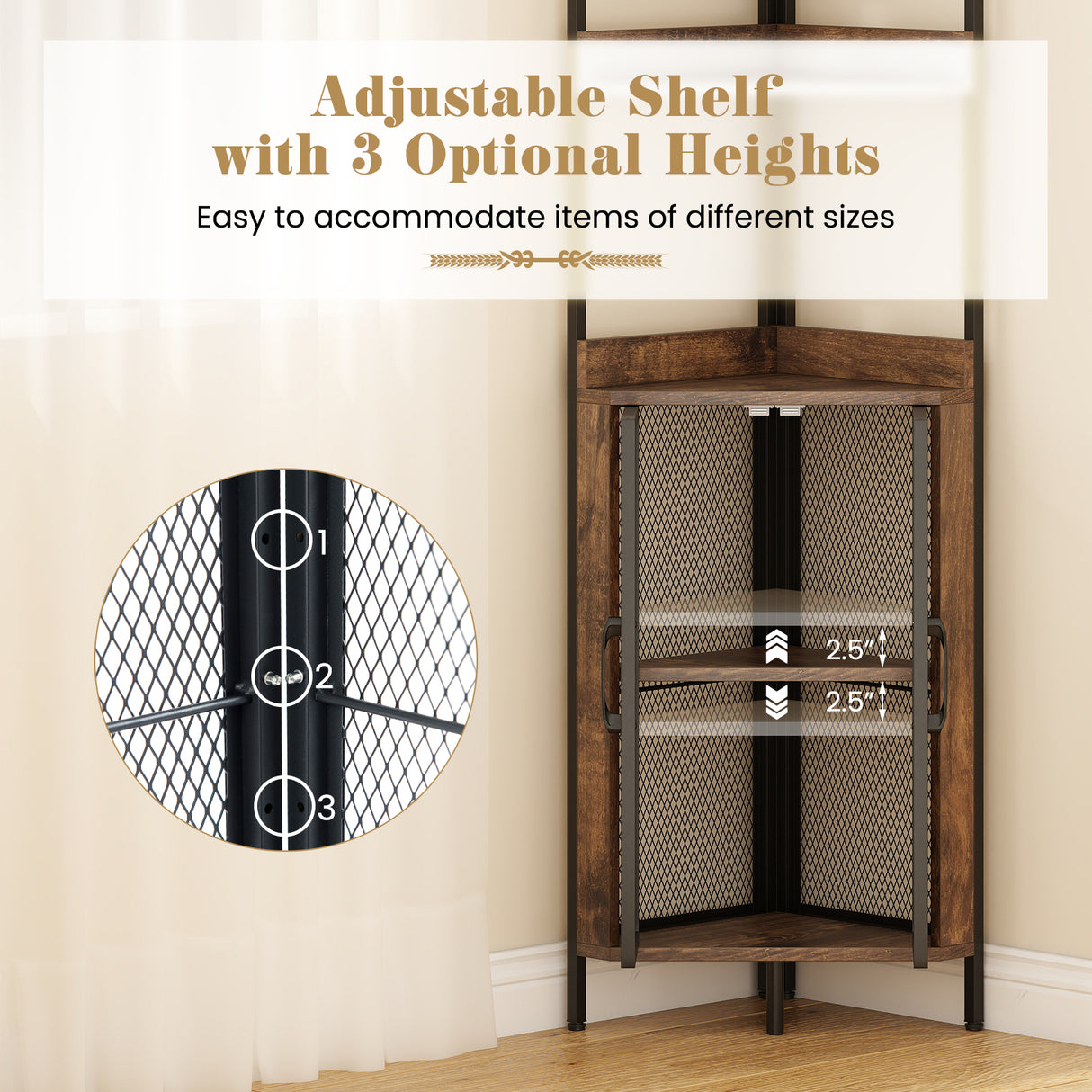 6-Tier Corner Shelf 67 Inches Tall Corner Bookshelf with Cabinet Industrial Bookcase-Brown