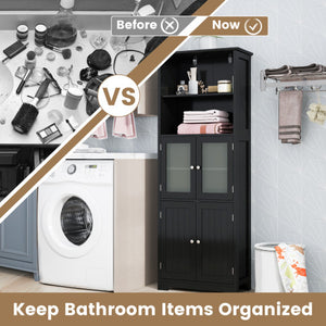 6-Tier Freestanding Bathroom Cabinet with 2 Open Compartments and Adjustable Shelves-Black