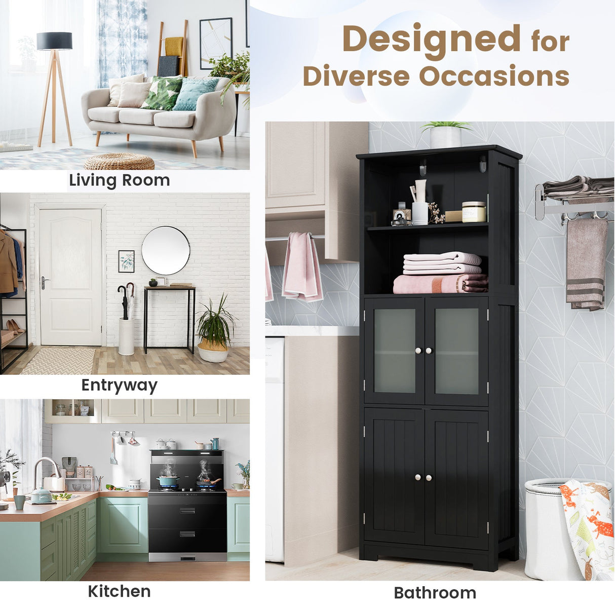6-Tier Freestanding Bathroom Cabinet with 2 Open Compartments and Adjustable Shelves-Black