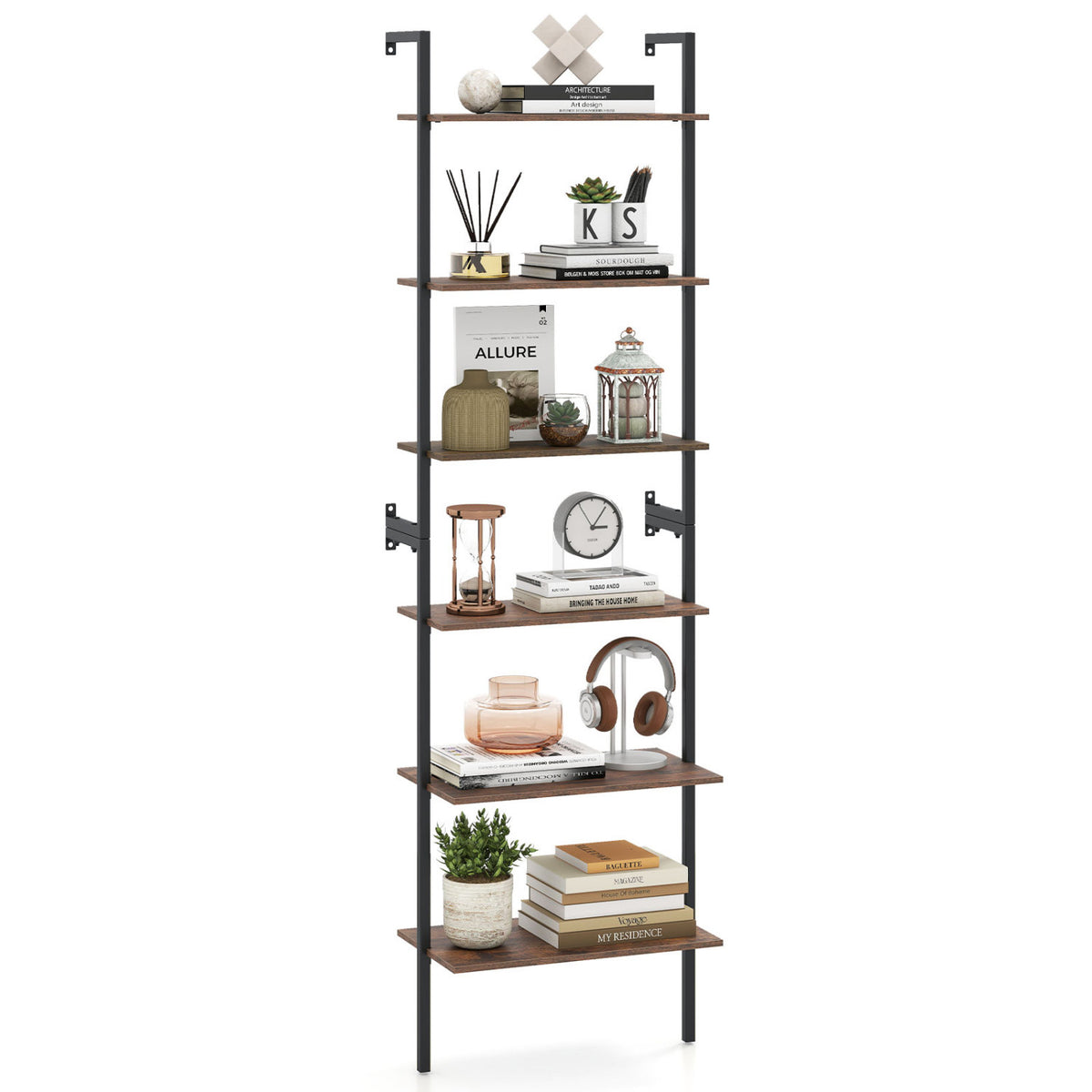 6-Tier Freestanding ladder Storage bookshelf with Metal Frame for Study and Pantry-Rustic Brown
